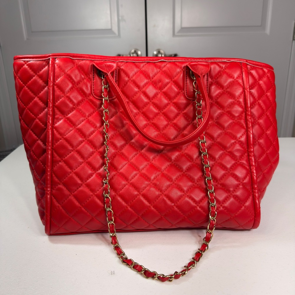 Red Quilted Tote Bag Gold Chain Straps Large Shoulder Handbag Purse